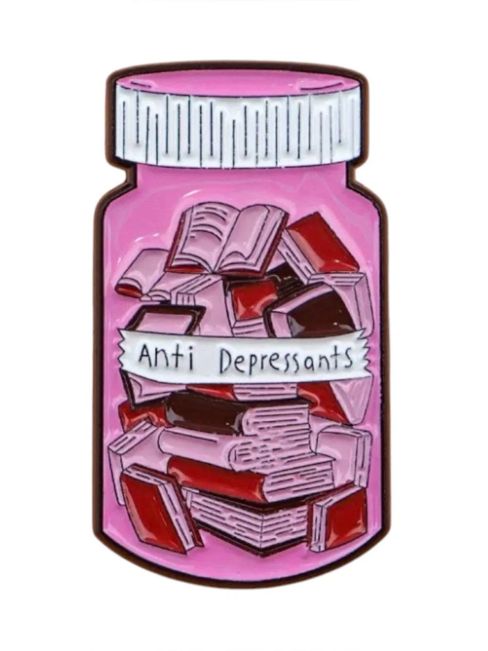 Anti Depressants Book Lover Enamel Pin | Pink Book Pill Bottle Lapel Pin.